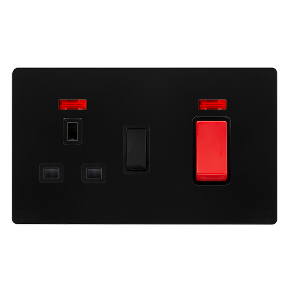 50A DOUBLE POLE SWITCH WITH 13A DOUBLE POLE SWITCHED SOCKET & NEON - MATT BLACK COVER PLATE - BLACK INSERT